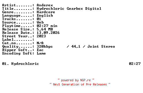 NFO for the release Anderex-Hydrochloric_Gearbox_Digital-SINGLE-WEB-2023-XTC_iNT by XTC_iNT