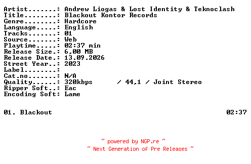 NFO for the release Andrew_Liogas_and_Lost_Identity_and_Teknoclash-Blackout_Kontor_Records-SINGLE-WEB-2023-XTC_iNT by XTC_iNT