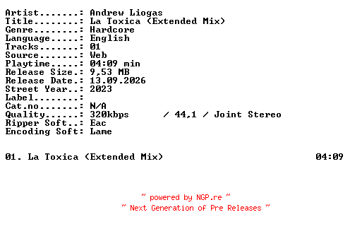 NFO for the release Andrew_Liogas-La_Toxica_(Extended_Mix)-SINGLE-WEB-2023-XTC_iNT by XTC_iNT