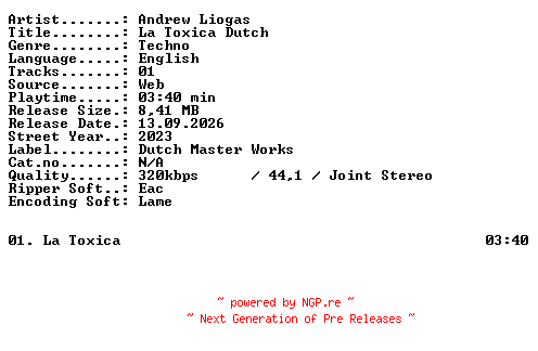 NFO for the release Andrew_Liogas-La_Toxica_Dutch-SINGLE-WEB-2023-XTC_iNT by XTC_iNT