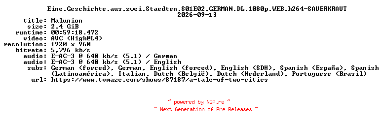 NFO for the release Eine.Geschichte.aus.zwei.Staedten.S01E02.GERMAN.DL.1080p.WEB.h264-SAUERKRAUT by SAUERKRAUT