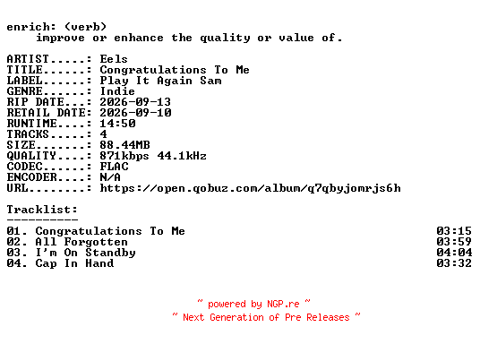 NFO for the release Eels-Congratulations_To_Me-EP-16BIT-WEB-FLAC-2026-ENRiCH by ENRiCH