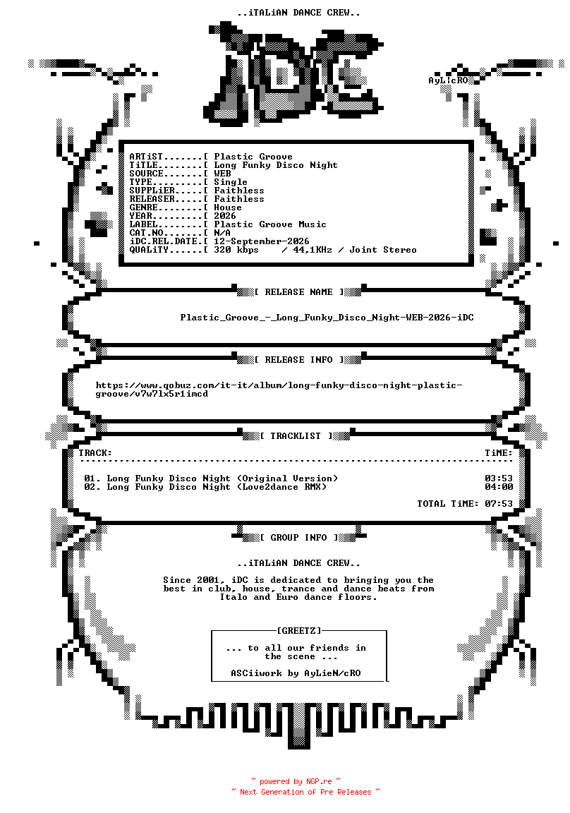 NFO for the release Plastic_Groove_-_Long_Funky_Disco_Night-WEB-2026-iDC by iDC