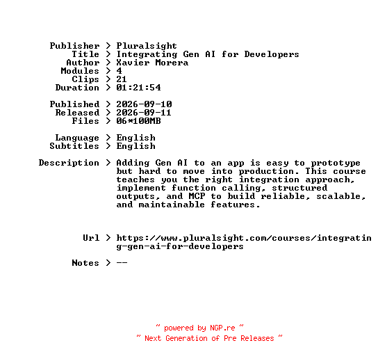 NFO for the release Pluralsight.Integrating.Gen.AI.for.Developers.2026.BOOKWARE-GETH by GETH