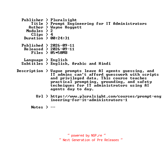 NFO for the release Pluralsight.Prompt.Engineering.for.IT.Administrators.2026.BOOKWARE-GETH by GETH