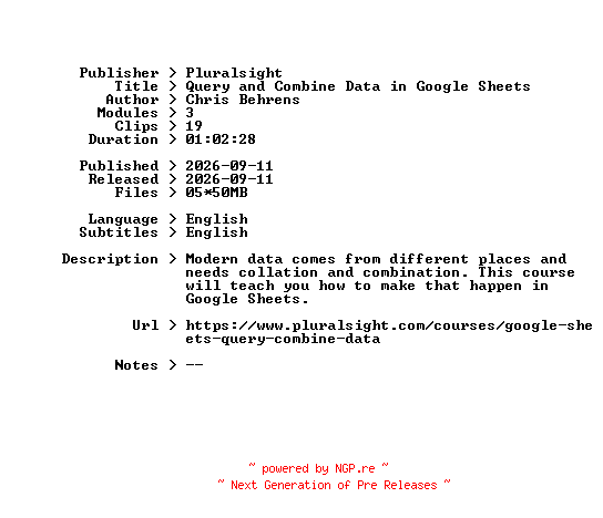 NFO for the release Pluralsight.Query.and.Combine.Data.in.Google.Sheets.2026.BOOKWARE-GETH by GETH