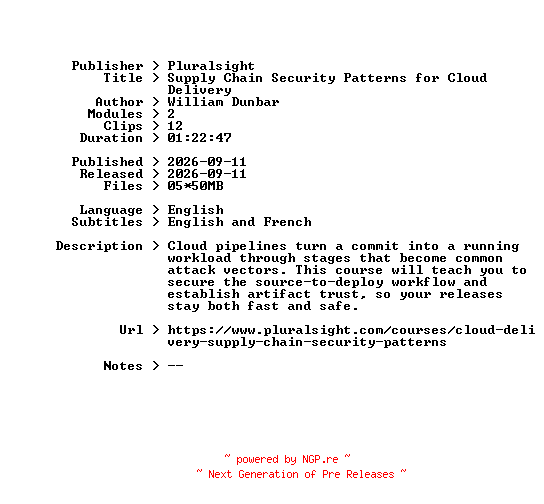 NFO for the release Pluralsight.Supply.Chain.Security.Patterns.for.Cloud.Delivery.2026.BOOKWARE-GETH by GETH