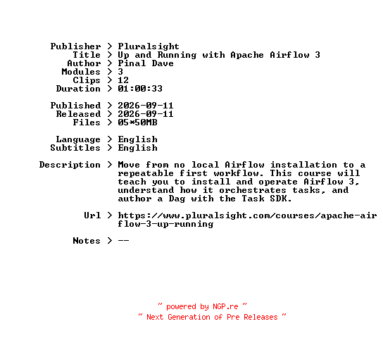 NFO for the release Pluralsight.Up.and.Running.with.Apache.Airflow.3.2026.BOOKWARE-GETH by GETH