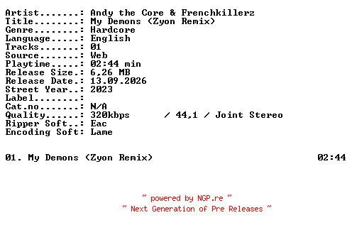 NFO for the release Andy_the_Core_and_Frenchkillerz-MY_DEMONS_(Zyon_Remix)-SINGLE-WEB-2023-XTC_iNT by XTC_iNT