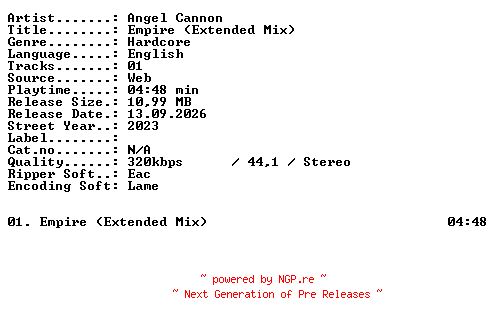 NFO for the release Angel_Cannon-Empire_(Extended_Mix)-SINGLE-WEB-2023-XTC_iNT by XTC_iNT