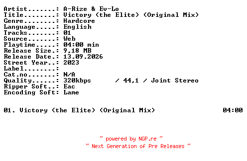 NFO for the release A-RIZE_and_EV-LO-Victory_(the_Elite)_(Original_Mix)-SINGLE-WEB-2023-XTC_iNT by XTC_iNT