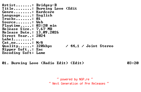 NFO for the release Bridgey-B-Burning_Love_(Edit-SINGLE-WEB-2024-XTC_iNT by XTC_iNT