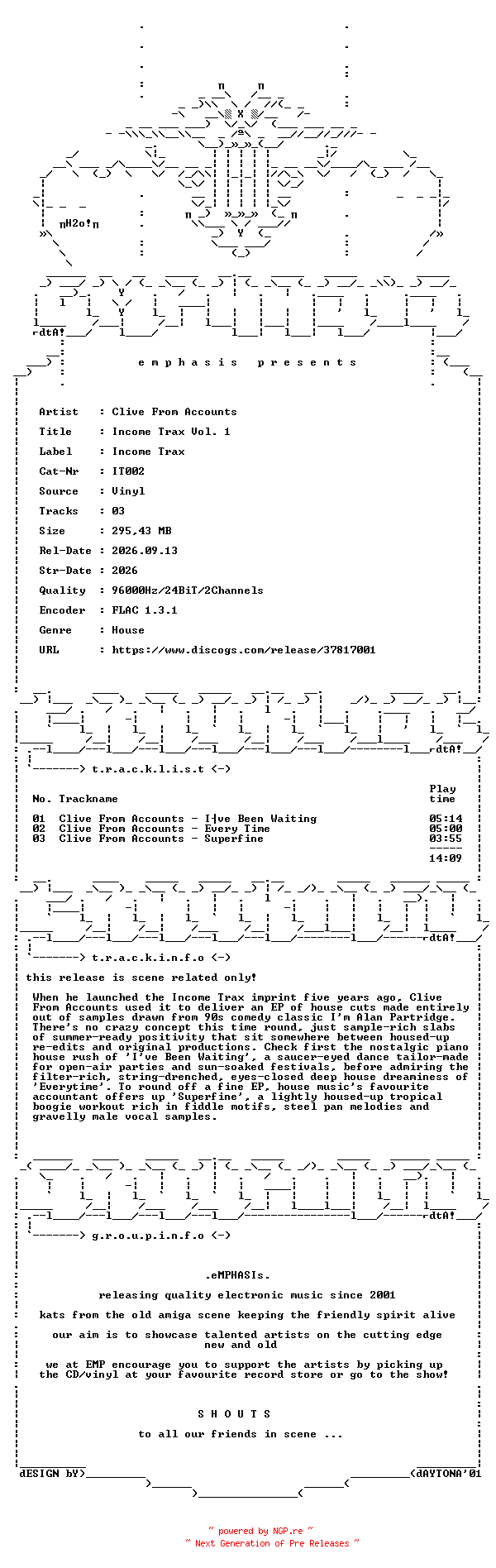 NFO for the release Clive_From_Accounts-Income_Trax_Vol._1-(IT002)-VINYL-FLAC-2026-EMP by EMP