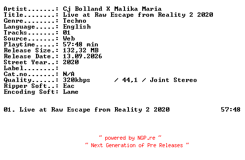 NFO for the release CJ_Bolland_X_Malika_Maria-Live_at_RAW_Escape_from_Reality_2_2020-WEB-2020-XTC_iNT by XTC_iNT