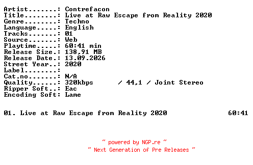 NFO for the release Contrefacon-Live_at_RAW_Escape_from_Reality_2020-WEB-2020-XTC_iNT by XTC_iNT