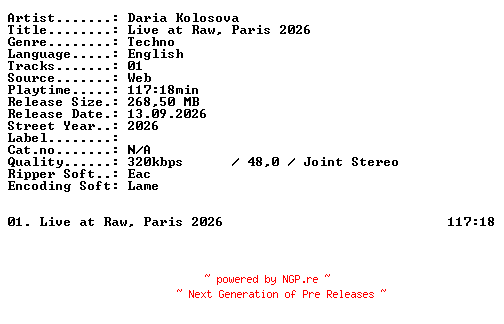 NFO for the release Daria_Kolosova-Live_at_RAW_Paris_2026-WEB-2026-XTC_iNT by XTC_iNT