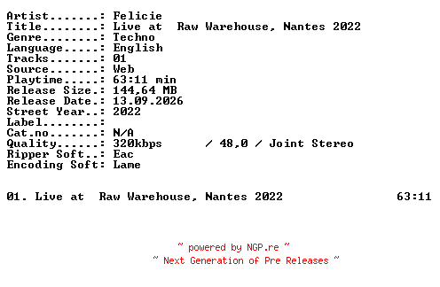 NFO for the release Felicie-Live_at_RAW_Warehouse_Nantes_2022-WEB-2022-XTC_iNT by XTC_iNT