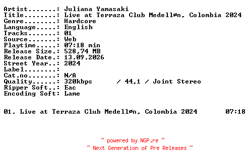 NFO for the release Juliana_Yamasaki-Live_at_Terraza_Club_Medelln_Colombia_2024-WEB-2024-XTC_iNT by XTC_iNT