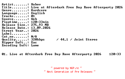 NFO for the release KOBOV-Live_at_AFTERDARK_FREE_DAY_RAVE_AFTERPARTY_2026-WEB-2026-XTC_iNT by XTC_iNT