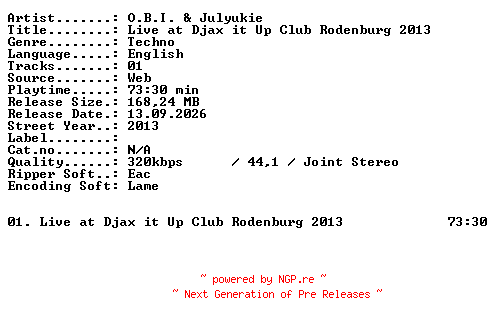 NFO for the release OBI_and_Julyukie-Live_at_Djax_it_Up_Club_Rodenburg_2013-WEB-2013-XTC_iNT by XTC_iNT