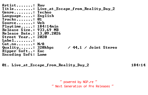 NFO for the release RAW-Live_at_Escape_from_Reality_Day_2-WEB-2020-XTC_iNT by XTC_iNT