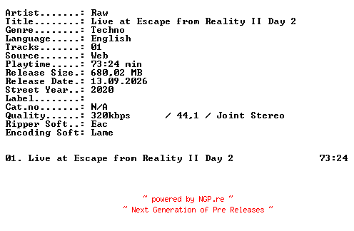 NFO for the release RAW-Live_at_Escape_from_Reality_II_Day_2-WEB-2020-XTC_iNT by XTC_iNT