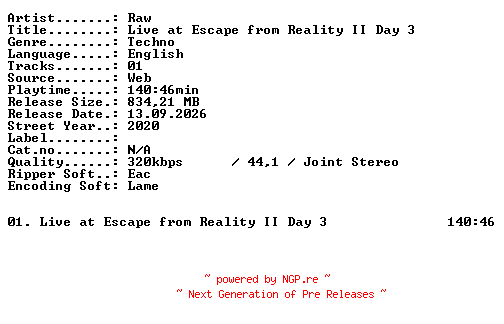 NFO for the release RAW-Live_at_Escape_from_Reality_II_Day_3-WEB-2020-XTC_iNT by XTC_iNT