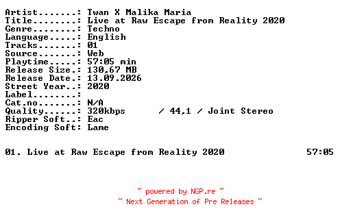 NFO for the release TWAN_X_Malika_Maria-Live_at_RAW_Escape_from_Reality_2020-WEB-2020-XTC_iNT by XTC_iNT