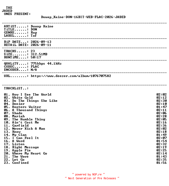 NFO for the release Duwap_Kaine-DON-16BIT-WEB-FLAC-2026-JADED by JADED