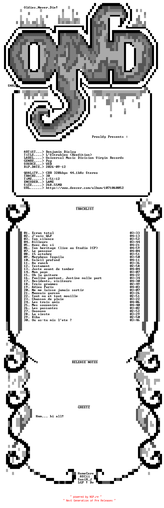 NFO for the release Benjamin_Biolay-Lultrableu-(Reedition)-WEB-FR-2026-OND by OND