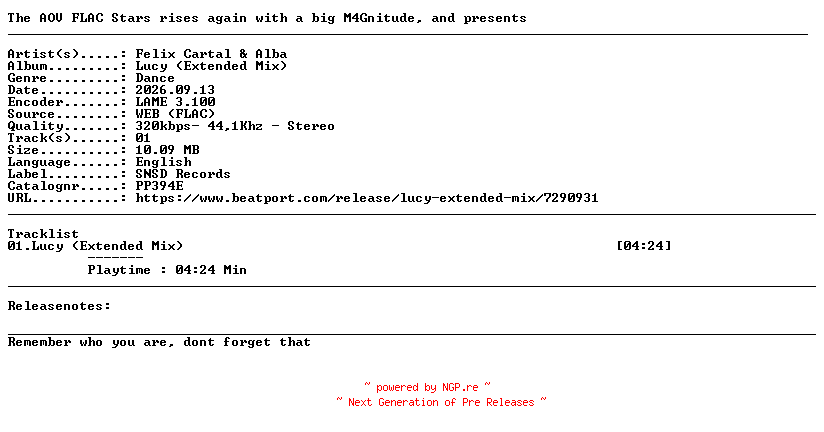 NFO for the release Felix_Cartal_And_Alba-Lucy_(Extended_Mix)-(PP394E)-SINGLE-WEB-2026-AOV by AOV