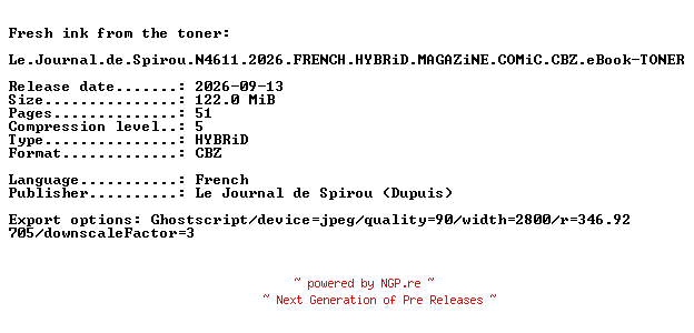 NFO for the release Le.Journal.de.Spirou.N4611.2026.FRENCH.HYBRiD.MAGAZiNE.COMiC.CBZ.eBook-TONER by TONER