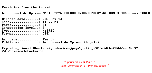 NFO for the release Le.Journal.de.Spirou.N4613.2026.FRENCH.HYBRiD.MAGAZiNE.COMiC.CBZ.eBook-TONER by TONER
