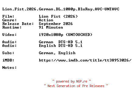 NFO for the release Lion.Fist.2026.German.DL.1080p.BluRay.AVC-UNTAVC by UNTAVC