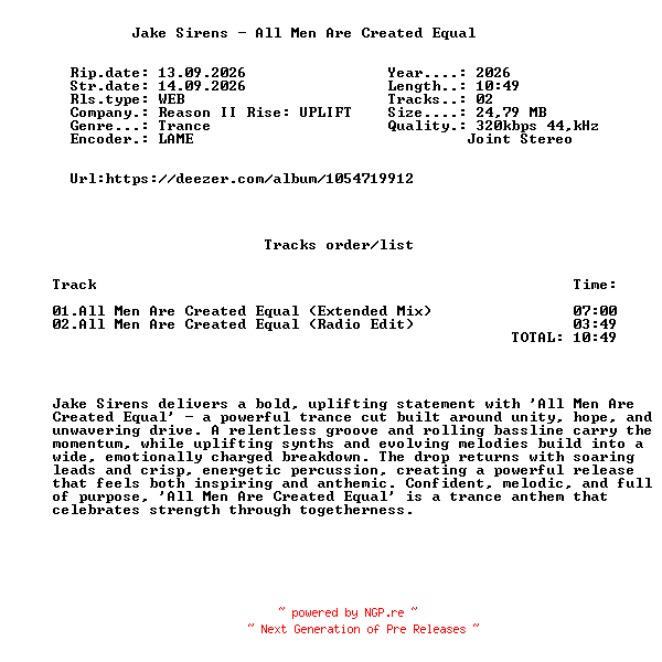 NFO for the release Jake_Sirens_-_All_Men_Are_Created_Equal-(RRU110)-WEB-2026-FMC by FMC