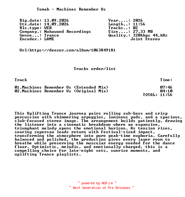 NFO for the release Tomah_-_Machines_Remember_Us-(NHW304)-WEB-2026-FMC by FMC