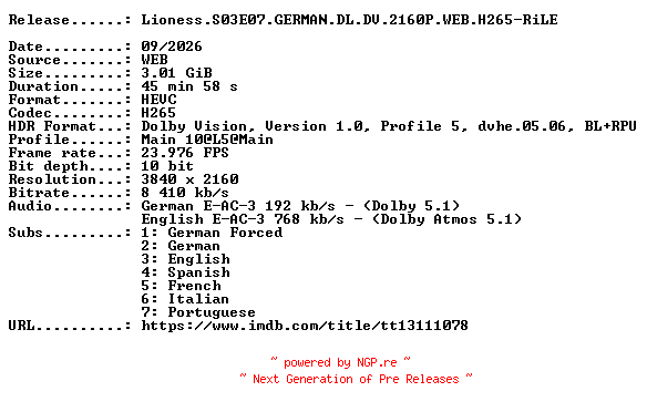 NFO for the release Lioness.S03E07.GERMAN.DL.DV.2160P.WEB.H265-RiLE by RiLE