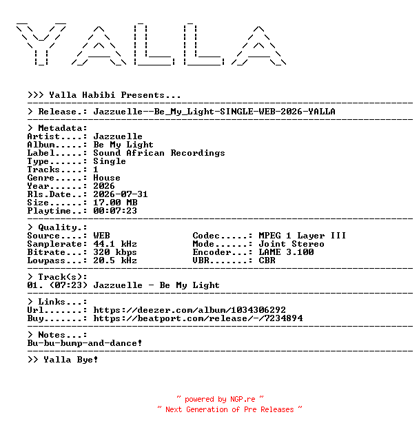 NFO for the release Jazzuelle--Be_My_Light-SINGLE-WEB-2026-YALLA by YALLA