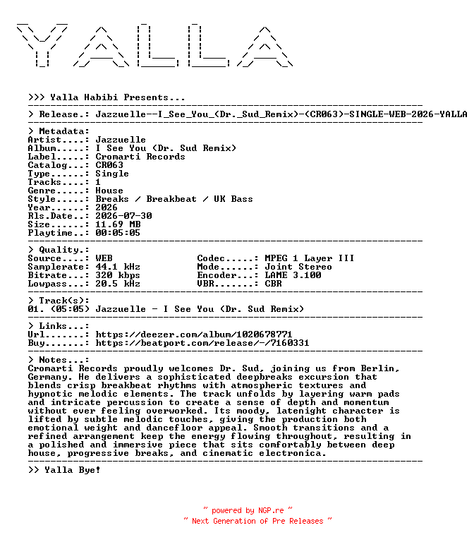 NFO for the release Jazzuelle--I_See_You_(Dr._Sud_Remix)-(CR063)-SINGLE-WEB-2026-YALLA by YALLA
