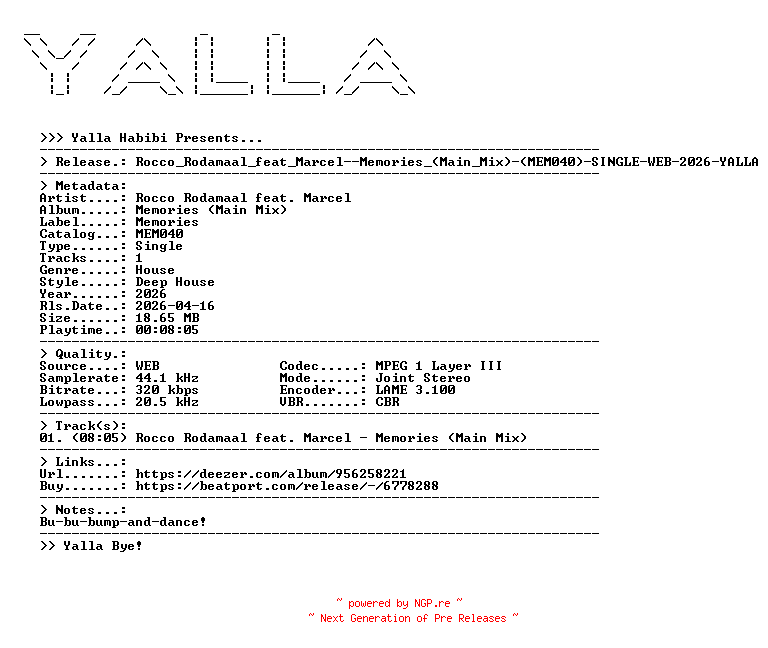 NFO for the release Rocco_Rodamaal_feat_Marcel--Memories_(Main_Mix)-(MEM040)-SINGLE-WEB-2026-YALLA by YALLA