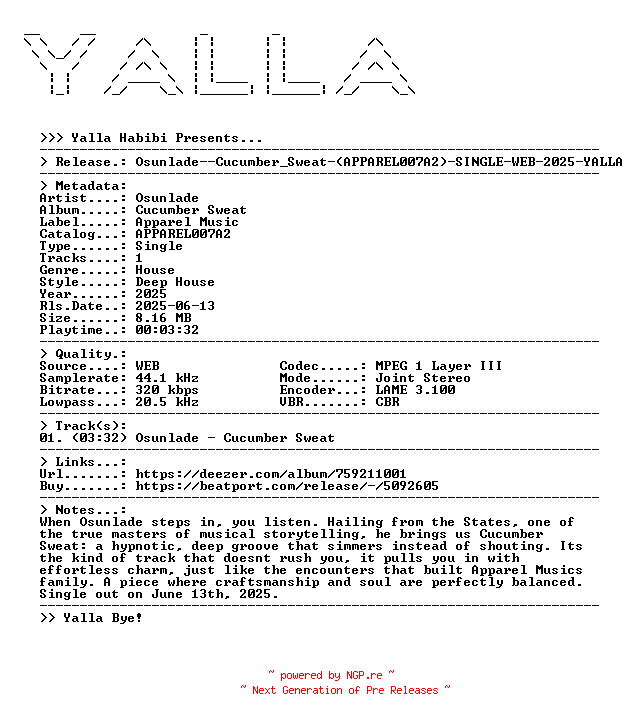 NFO for the release Osunlade--Cucumber_Sweat-(APPAREL007A2)-SINGLE-WEB-2025-YALLA by YALLA