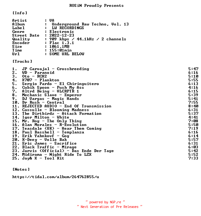 NFO for the release VA-Underground_Raw_Techno_Vol._13-16BIT-WEB-FLAC-2022-ROSiN by ROSiN