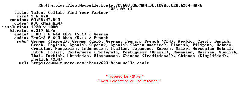 NFO for the release Rhythm.plus.Flow.Nouvelle.Ecole.S05E03.GERMAN.DL.1080p.WEB.h264-HAXE by HAXE