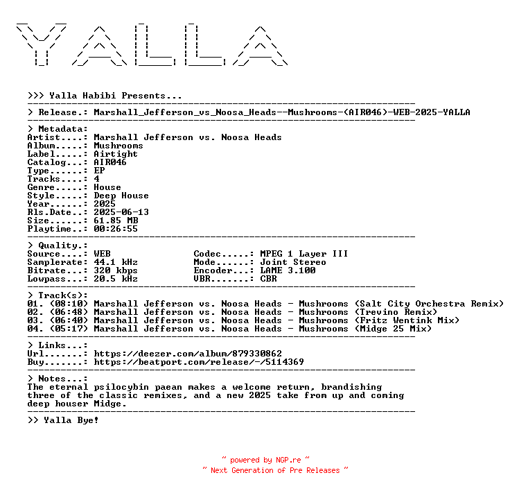 NFO for the release Marshall_Jefferson_vs_Noosa_Heads--Mushrooms-(AIR046)-WEB-2025-YALLA by YALLA