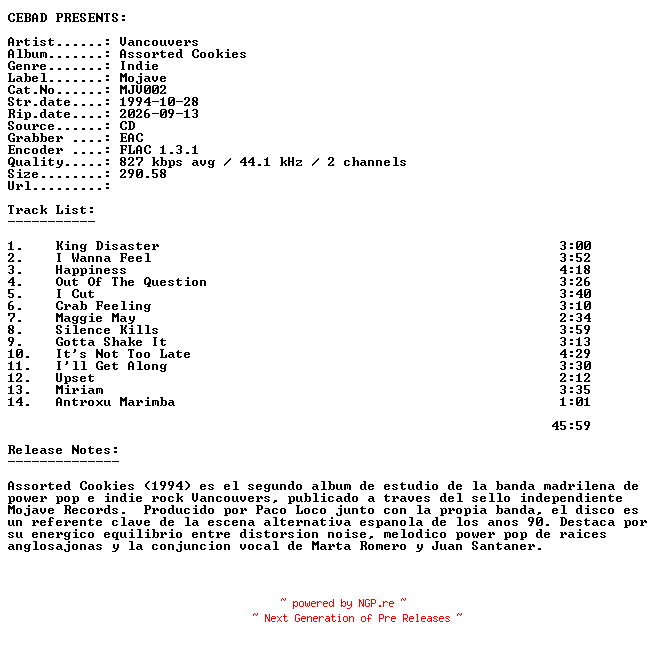 NFO for the release Vancouvers-Assorted_Cookies-(MJV002)-CD-FLAC-1994-CEBAD by CEBAD