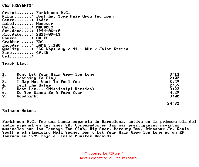 NFO for the release Parkinson_D.C.-Dont_Let_Your_Hair_Grow_Too_Long-(MRCD069)-CDEP-1994-CEB by CEB