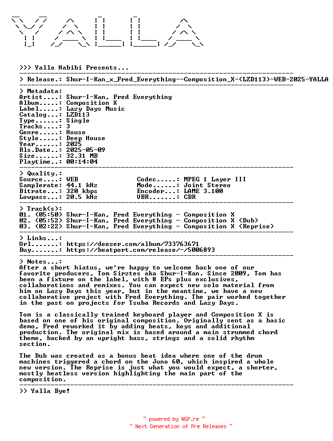 NFO for the release Shur-I-Kan_x_Fred_Everything--Composition_X-(LZD113)-WEB-2025-YALLA by YALLA