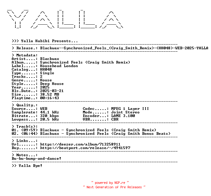 NFO for the release Blackwax--Synchronized_Feels_(Craig_Smith_Remix)-(HH048)-WEB-2025-YALLA by YALLA