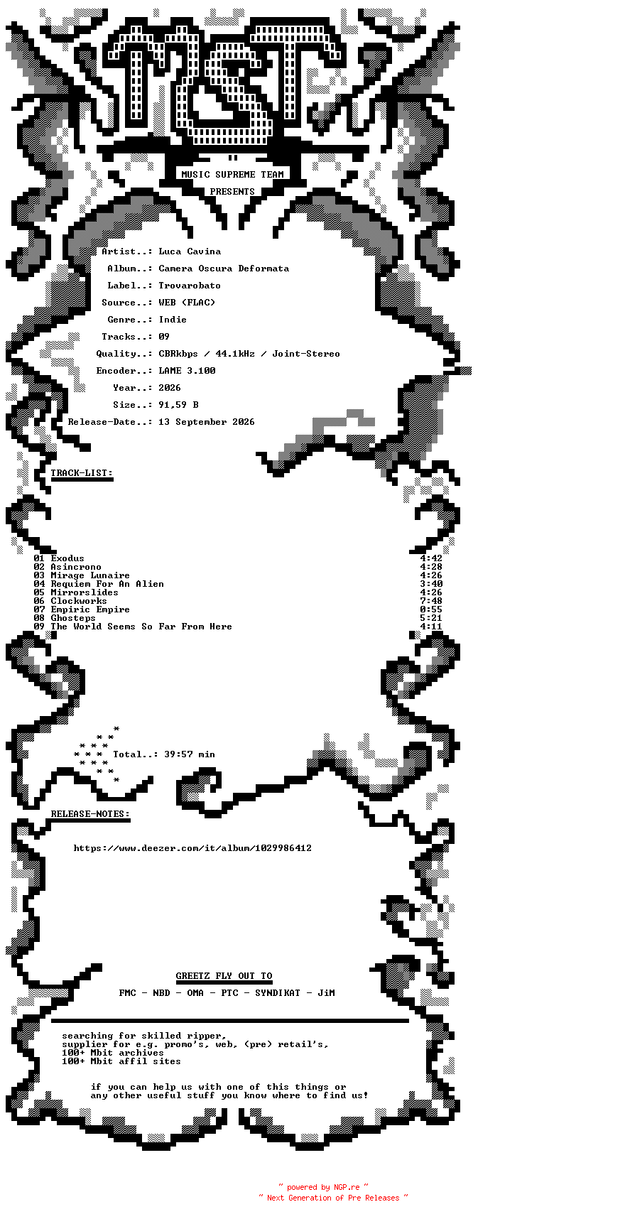 NFO for the release Luca_Cavina_-_Camera_Oscura_Deformata-WEB-2026-MST by MST