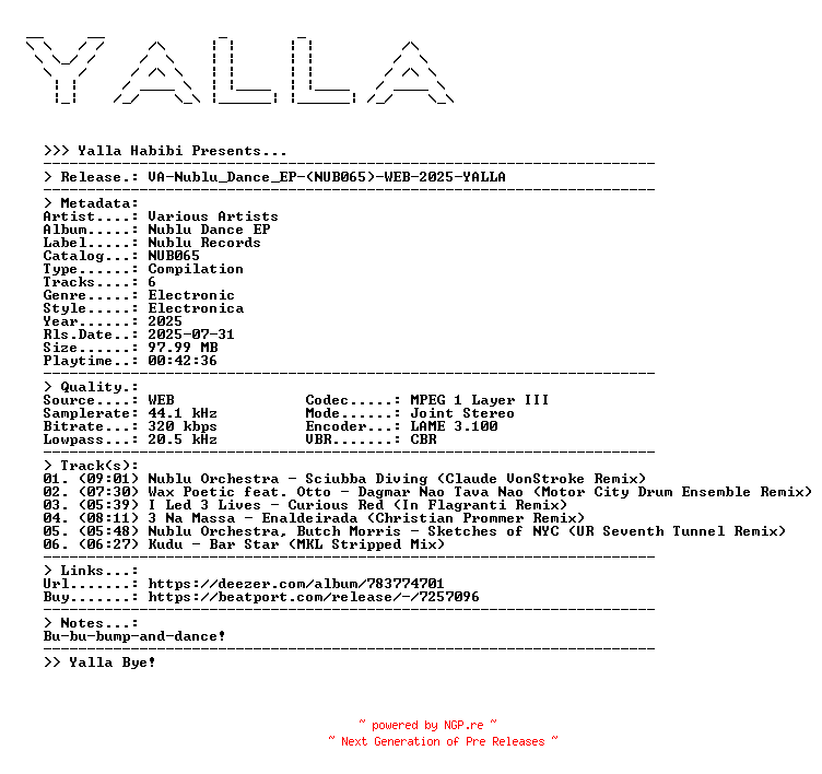 NFO for the release VA-Nublu_Dance_EP-(NUB065)-WEB-2025-YALLA by YALLA